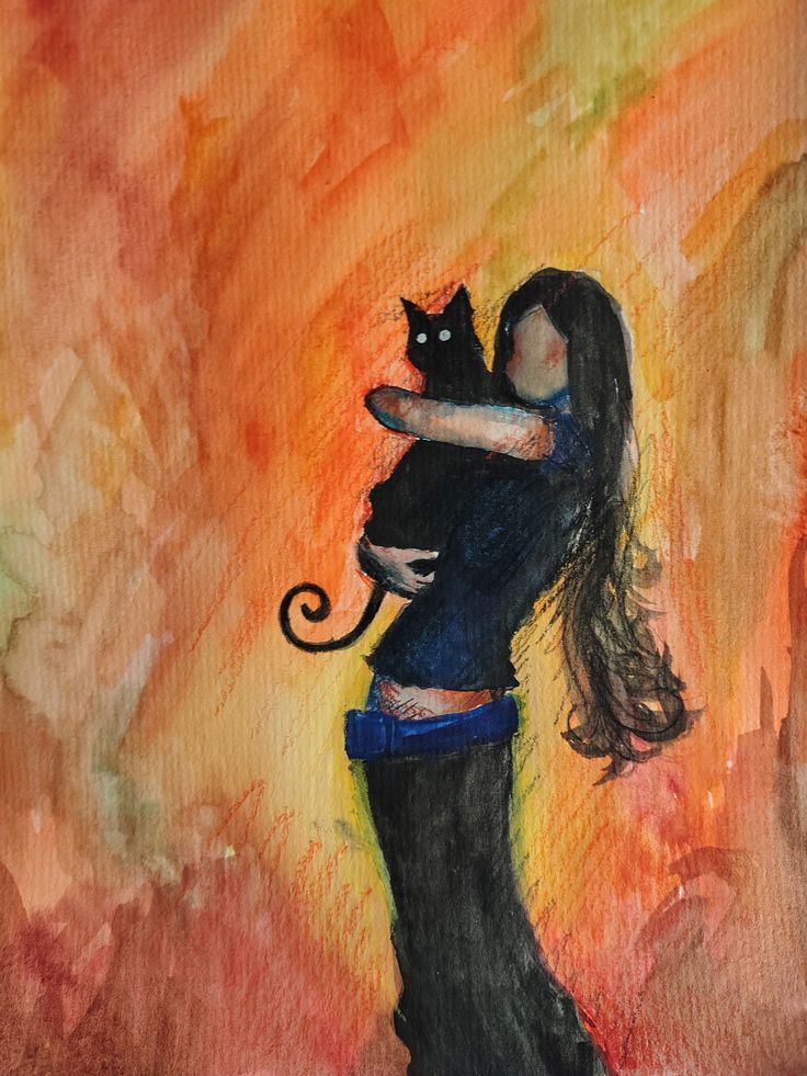 抱着黑猫的女孩